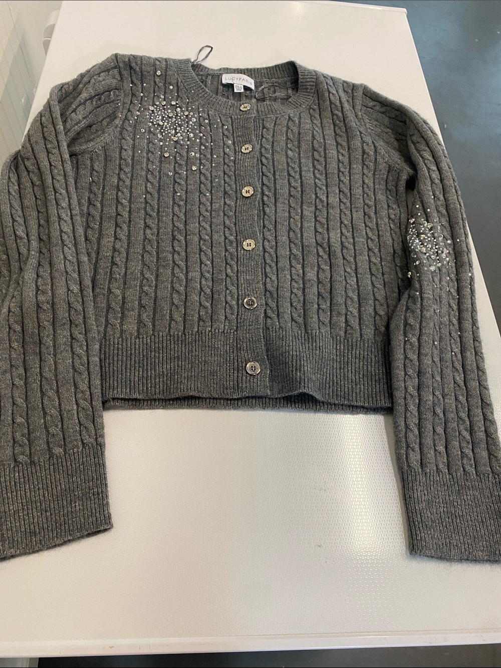 Lucy Paris Gray Cable Knit Cardigan w/ Rhinestone Accents. Size Large. NWOT.